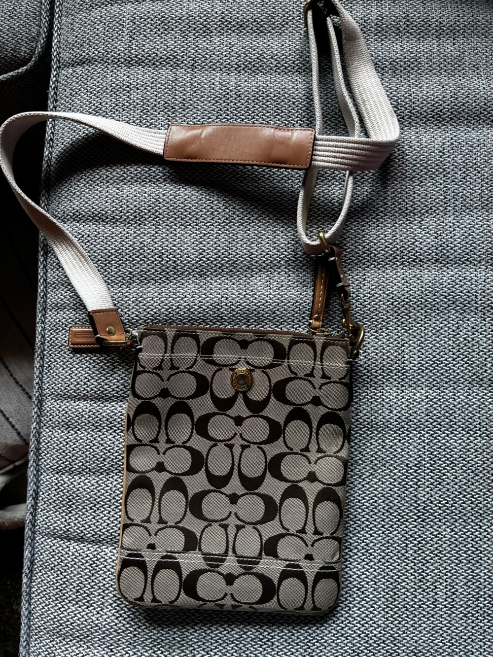 Coach Brown Signature Canvas Messenger Bag with Cream Strap